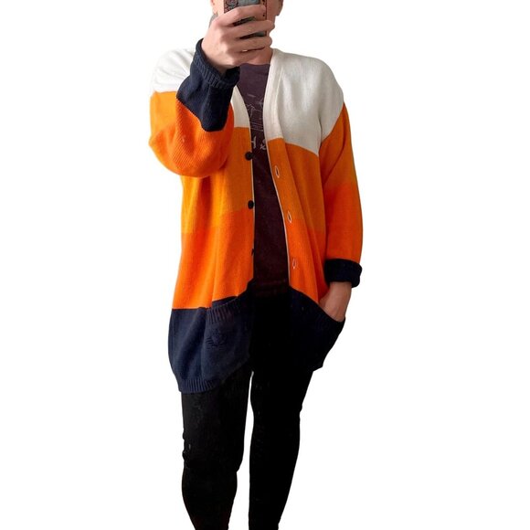Docker's Womens Striped Chunky Long Cardigan Orange Blue White Sweater Denver Br - Picture 2 of 5